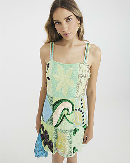Green Premium Embellished Mini Shift Dress