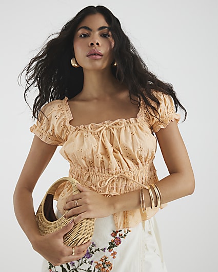 Orange Broderie Short Sleeve Shirred Top