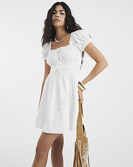 White Short Sleeve Shirred Mini Dress