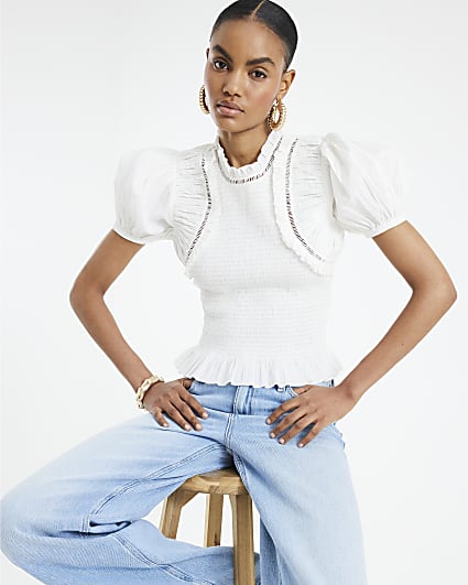 White Short Sleeve Ladder Insert Shirred Top