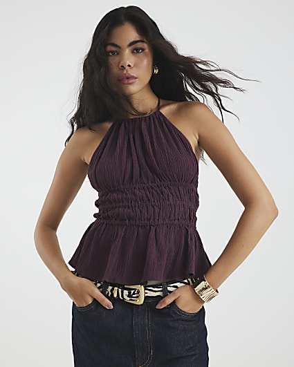 Purple Linen Blend Halter Neck Top
