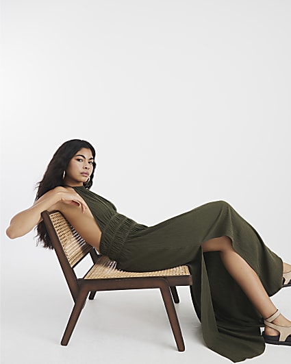 Khaki Halter Neck Maxi Dress