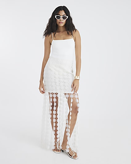 White Crochet Tassel Midi Skirt