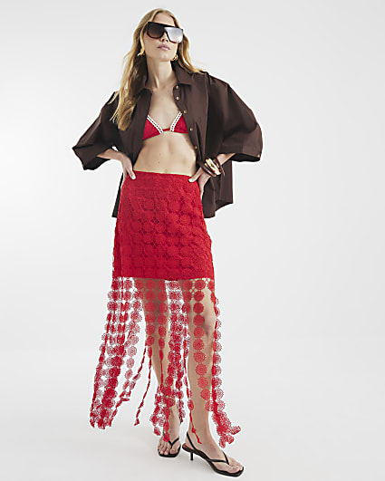 Red Crochet Tassel Midi Skirt