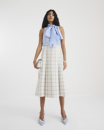 Cream Check Pleated Midi Skirt