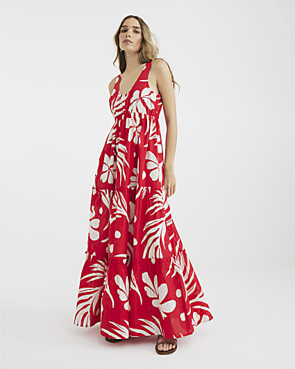 Red Floral Sleeveless Tiered Maxi Dress