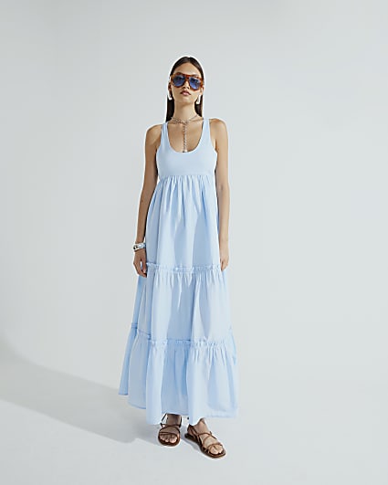 Blue Sleeveless Tiered Maxi Dress