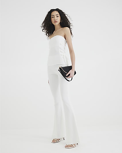 Cream Ribbed Flared Trousers