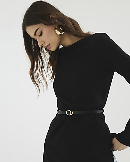 Black Long Sleeve Belted Tunic Top