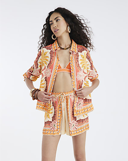 Orange Graphic Print Shorts