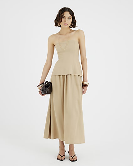 Beige Bandeau Linen Blend Midi Dress