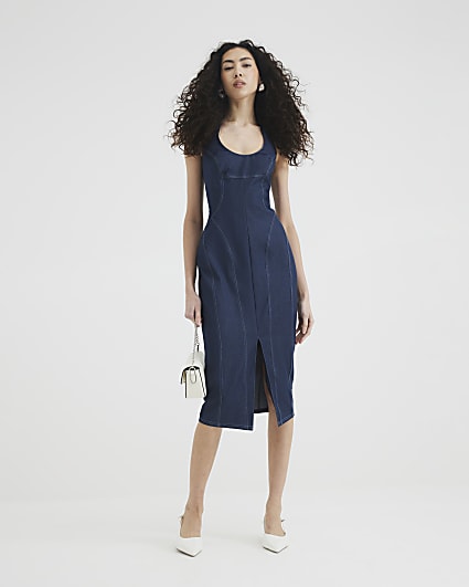 Blue Denim Tailored Zip Front Midi Dress