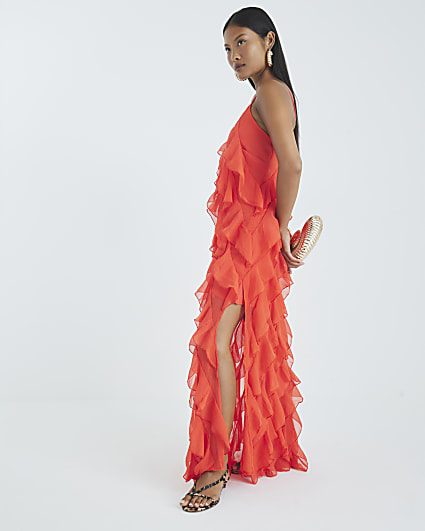 Petite Red Sleeveless Ruffle Maxi Dress