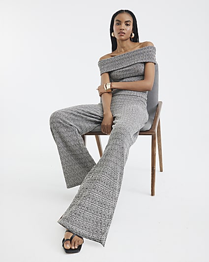 Grey Textured Wide Leg Trousers