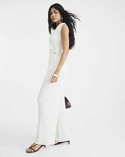 Cream Plisse Wide Leg Trousers
