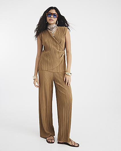 Brown Plisse Wide Leg Trousers