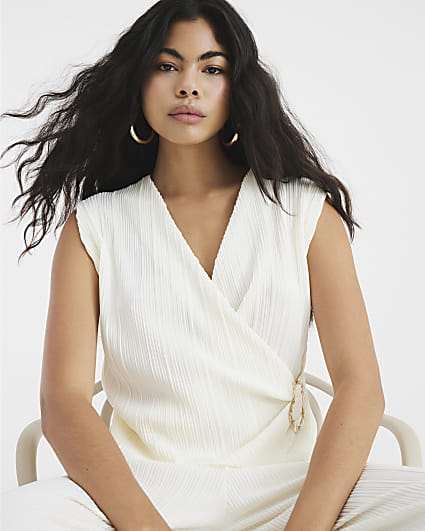 Cream Sleeveless Plisse Wrap Top
