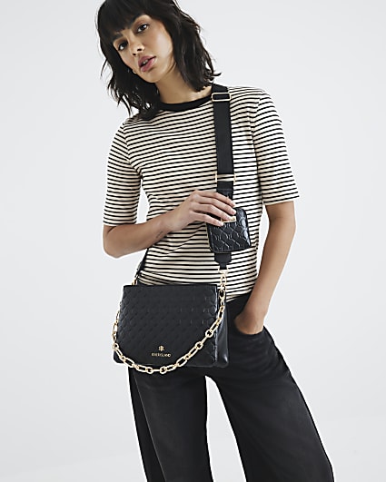 Black Embossed Chain Cross Body Bag