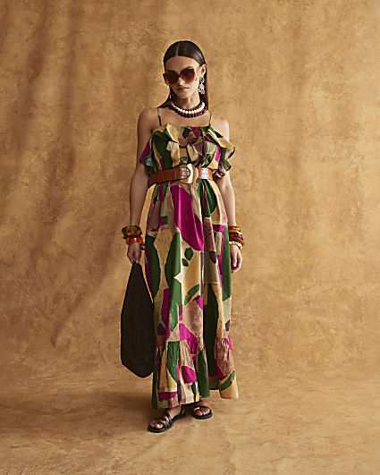 Purple Printed Ruffle Maxi Dress