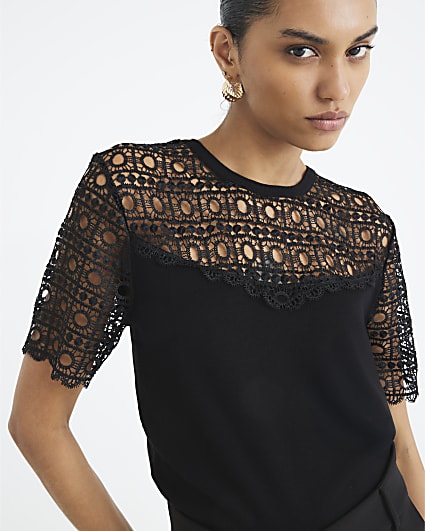 Black Hybrid Lace Mix Knitted T-Shirt