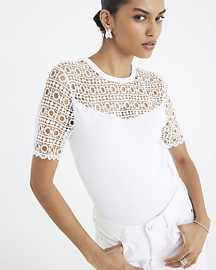 White Hybrid Lace Mix Knitted T-Shirt