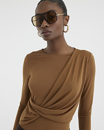 Brown Long Sleeve Drape Top