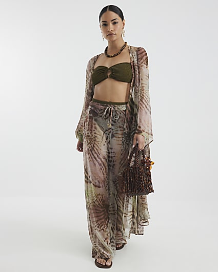 Petite Khaki Animal Print Wide Leg Trousers