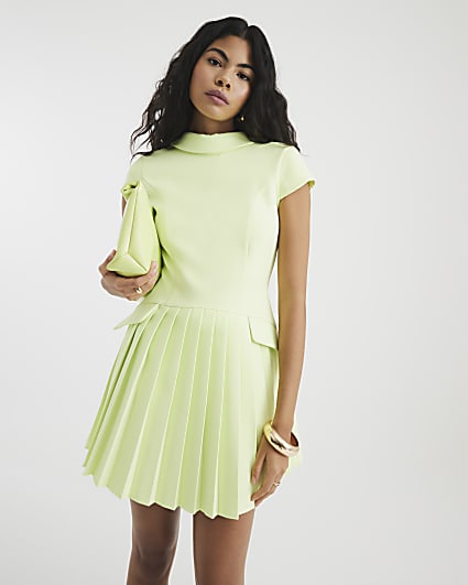 Lime High Neck Pleated Mini Dress