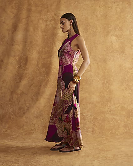 Red Embellished Floral Print Maxi Dress