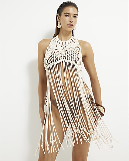 Beige Macrame Halter Neck Pearl Trim Top