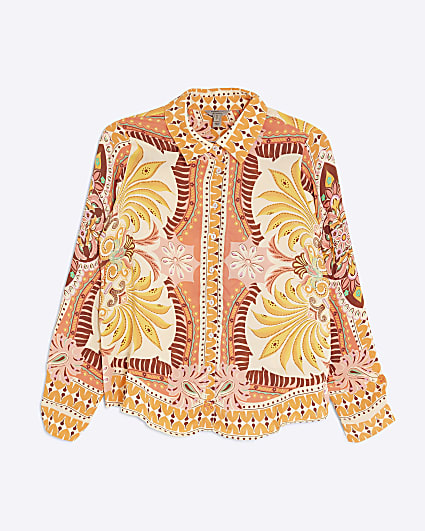 Petite Orange Long Sleeve Graphic Print Shirt