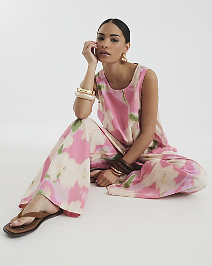 Petite Pink Floral Linen Blend Trousers