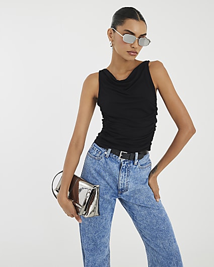Black Sleeveless Gathered Drape Tank Tap