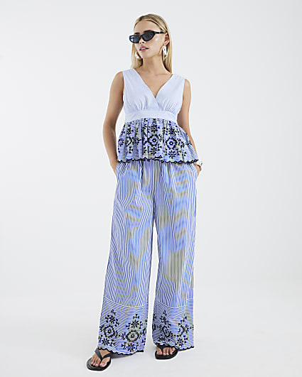 Petite Blue Stripe Cutwork Wide Leg Trousers
