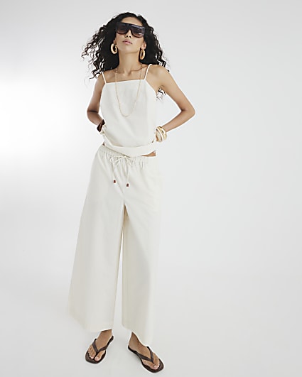 Cream Cotton Poplin Cropped Wide Leg Trousers