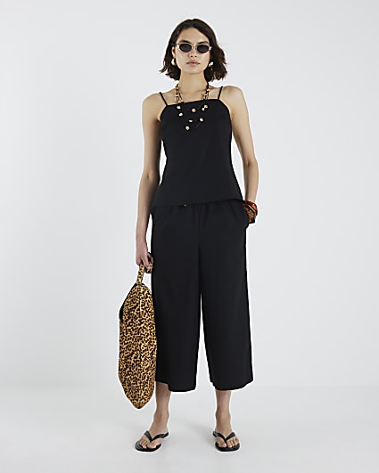Black Cotton Poplin Cropped Wide Leg Trousers