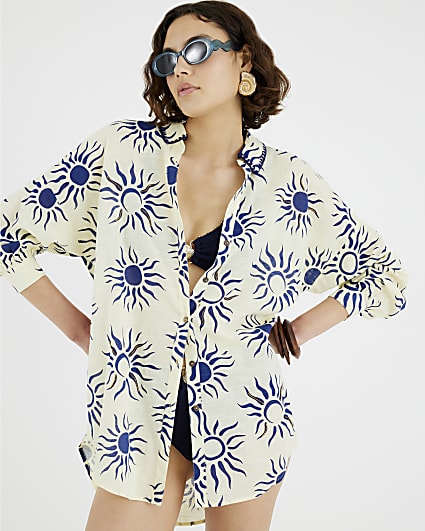 Cream Sun Print Oversized Beach Shirt