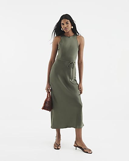 Khaki Satin Tie Slip Midi Dress