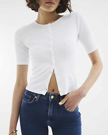 White Short Sleeve Button Through Ribbed Top
