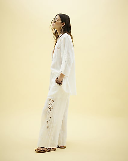 White Cutwork Wide Leg Trousers
