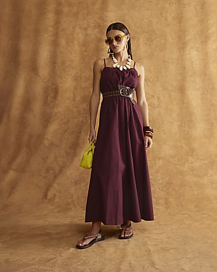 Red Strappy Poplin Midi Dress