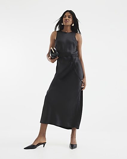 Black Satin Tie Slip Dress