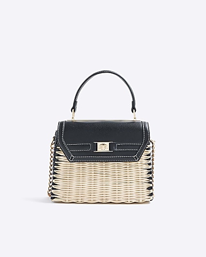 Black Mini Raffia Cross Body Tote Bag
