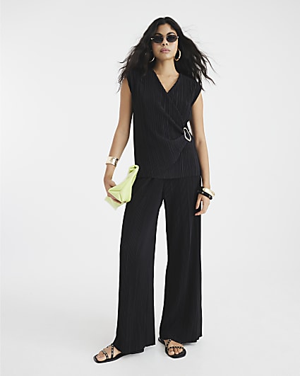 Black Plisse Wide Leg Trousers