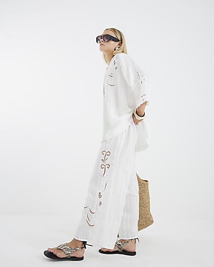 Petite White Cutwork Trousers