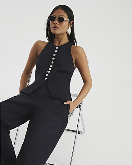 Petite Black Halter Neck Fitted Waistcoat