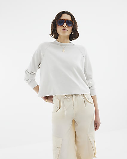 Grey Long Sleeve Raw Hem Sweatshirt
