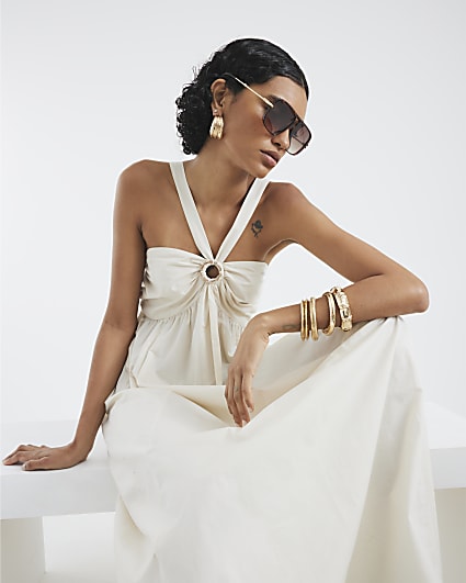 Cream Sleeveless Halter Neck Maxi Dress