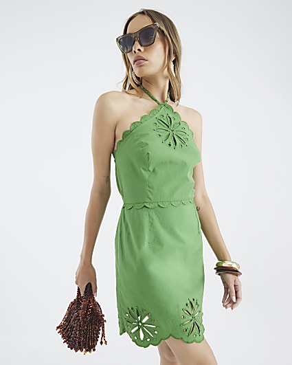 Green Halter Neck Cutwork Mini Dress