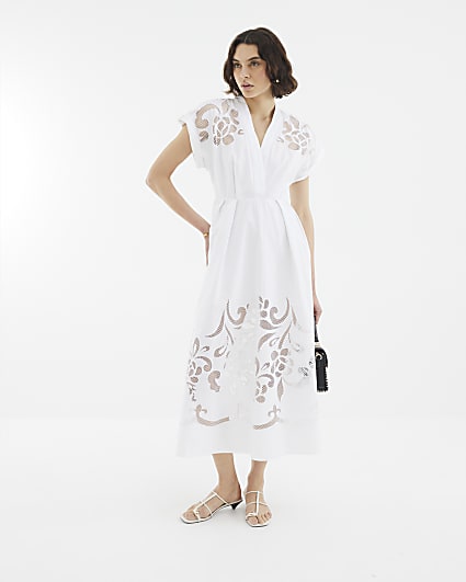 White Short Sleeve Cutwork Midi Dress